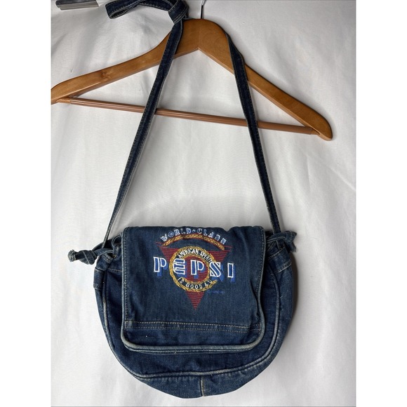 Vtg PEPSI Holiday Fair World Class Denim Jean Jet Bag Purse Soda Pop Retro